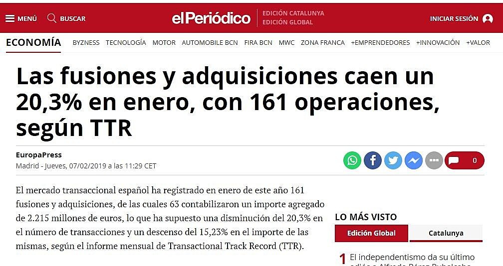 Las fusiones y adquisiciones caen un 20,3% en enero, con 161 operaciones, segn TTR